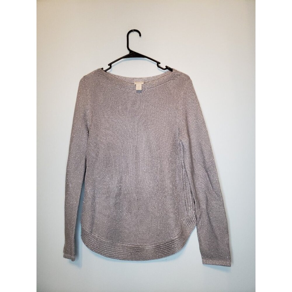 Chico's Sz 1 Sweater Women M Long Sleeve Metallic Gray Sparkly Pullover Boatneck